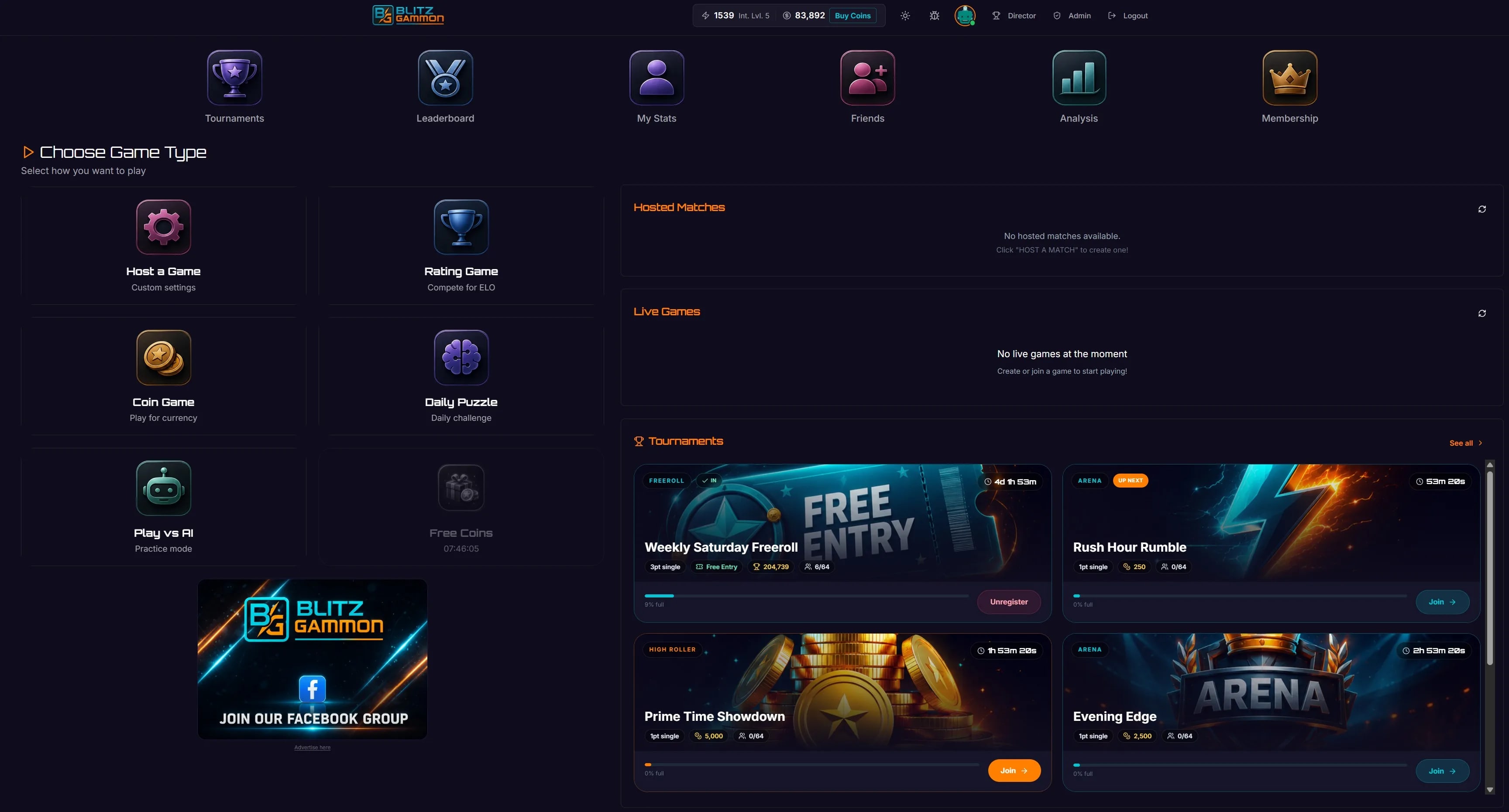 BlitzGammon game lobby showing game types, tournaments, leaderboard, and live matches
